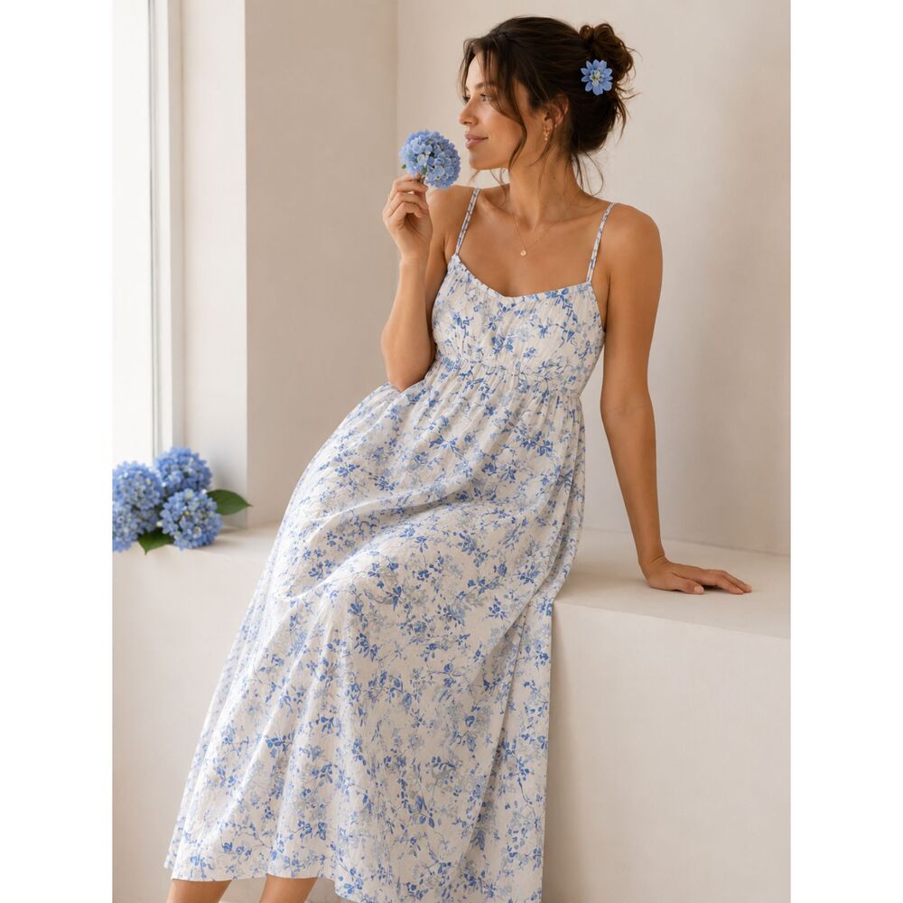Joie Size 14 Blue Floral Empire Waist Midi Dress Cottagecore Romance Feminine